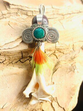 Peruvian black quartz silver pendant with snake, feathers, Chrysocolla Pink Opal